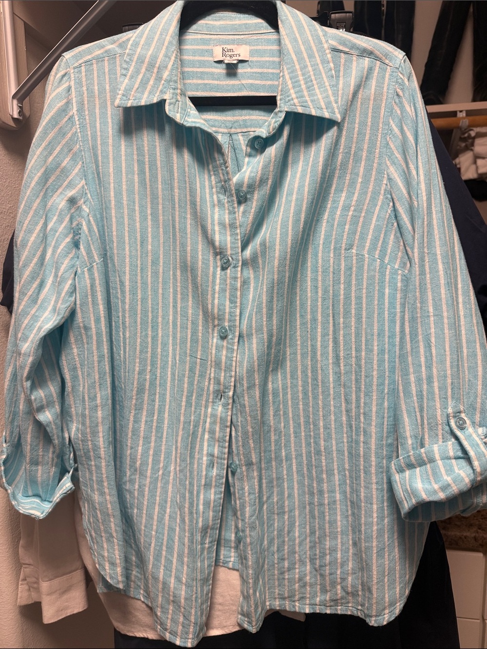 Kim Rogers Aqua and White Vertical Stripe Button-Down Shirt